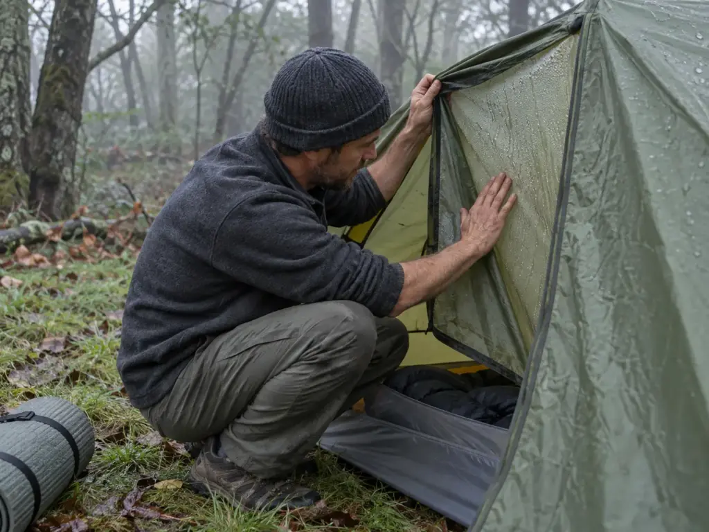 Backpacker feeling the beads of tent condensation on a rainfly at the open door of a pitched backpacking tent