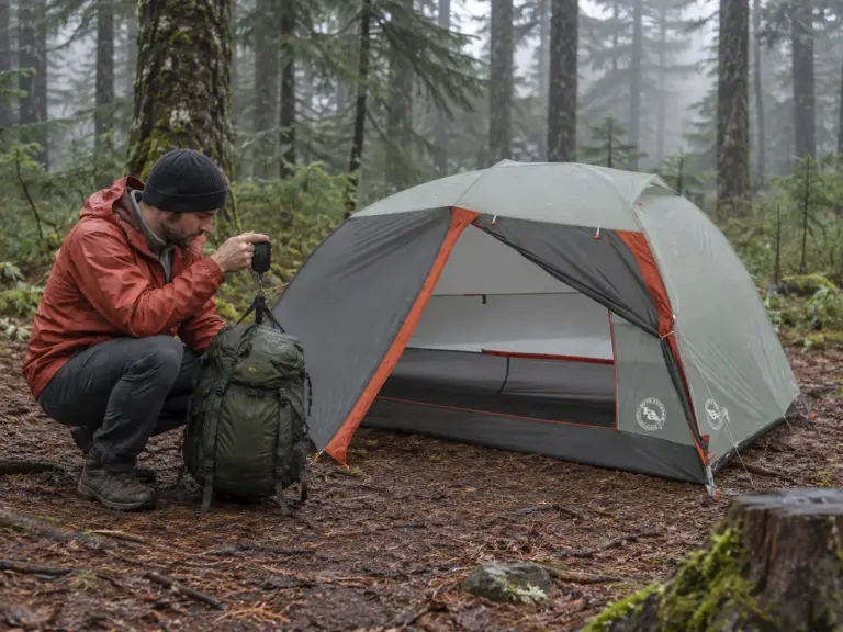 Hiker weighing a loaded backpack on a hand scale beside a pitched Big Agnes Copper Spur tent at a forest campsite