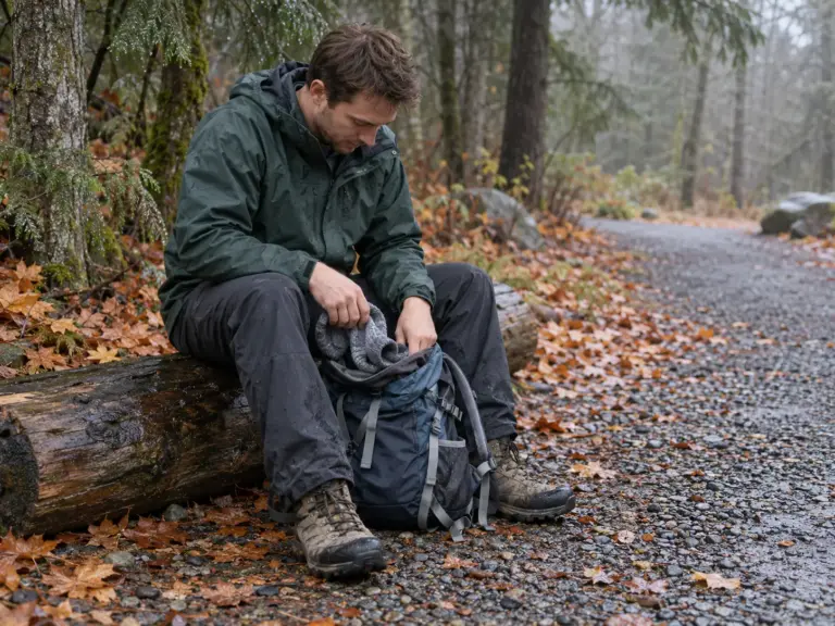 Man pulling a dry sock from his pack on a wet trailhead log beside his waterproof hiking boots after light rain