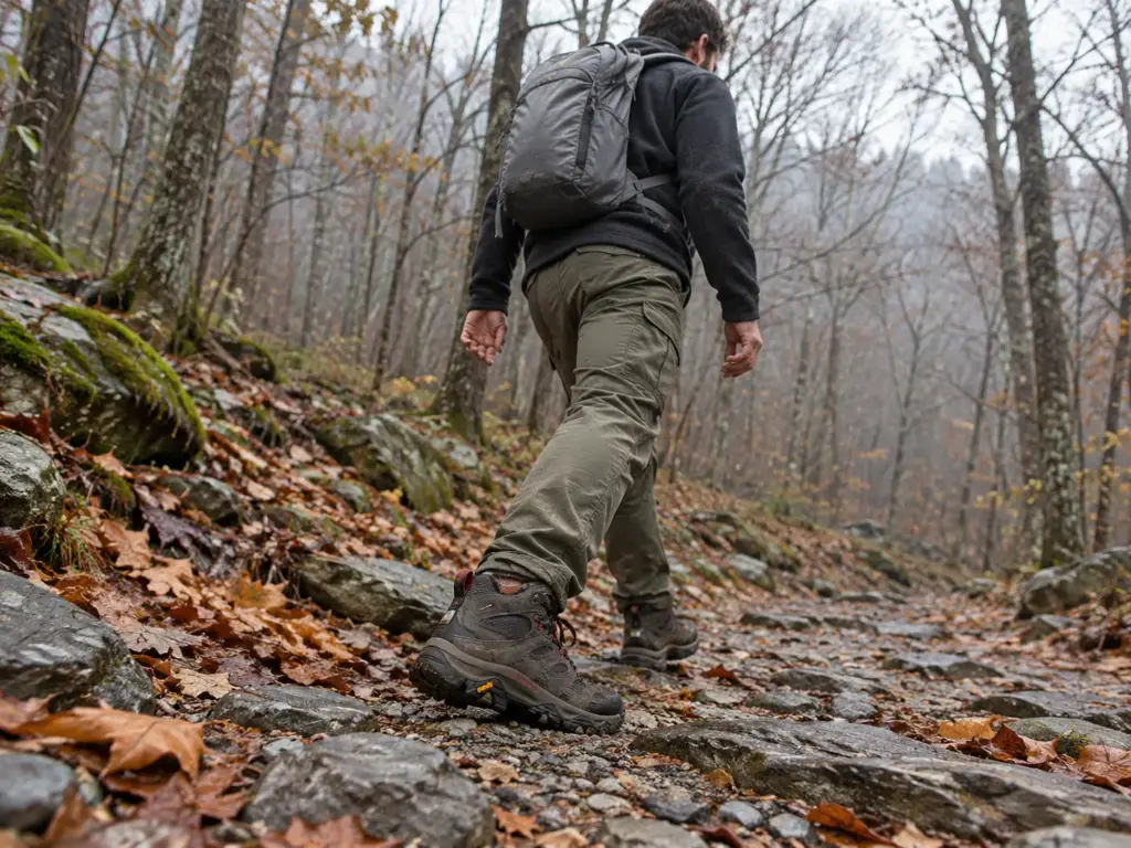 Hiker in mid-cut Merrell Moab 3 boots walking down a worn gravel and rock trail through autumn hardwoods on an overcast day