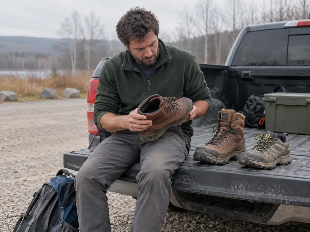 Man on a trailhead tailgate holding a leather hiking boot beside a second pair of boots and a low trail shoe