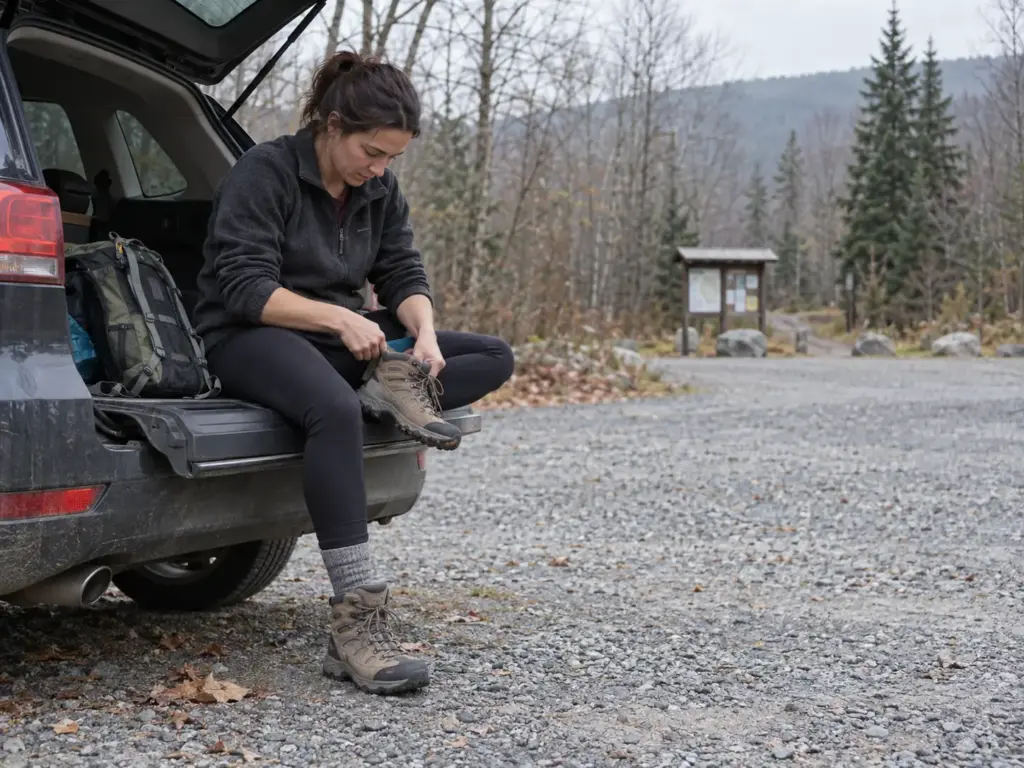 Woman sitting on a tailgate at the trailhead working her heel into a mid-height women's hiking boot before a hike