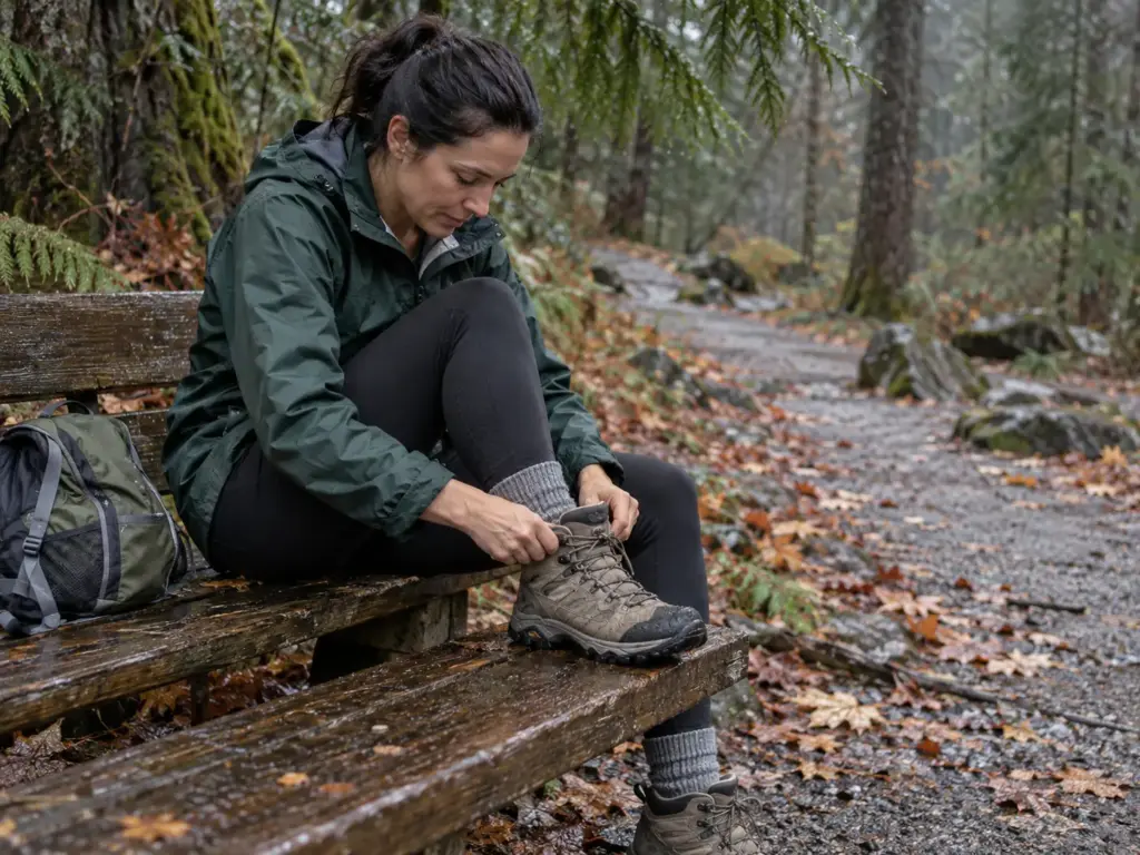 Woman settling her heel into a mid-height women's hiking boot on a wet trailhead bench after rain