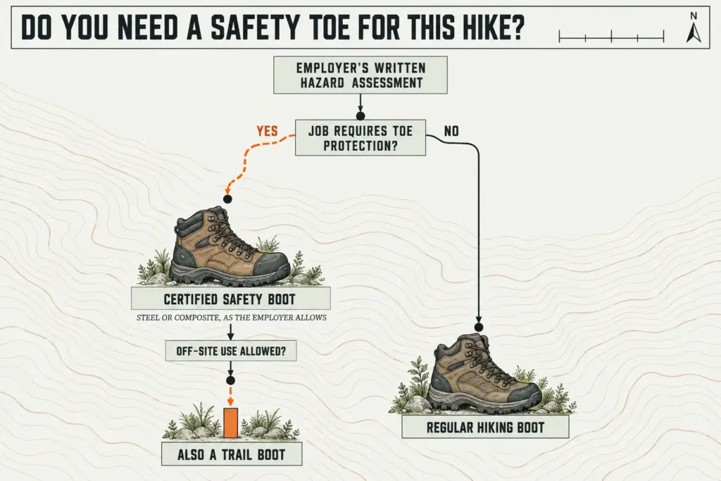 Decision chart: the employer's written hazard assessment picks a certified safety-toe boot or a regular hiking boot