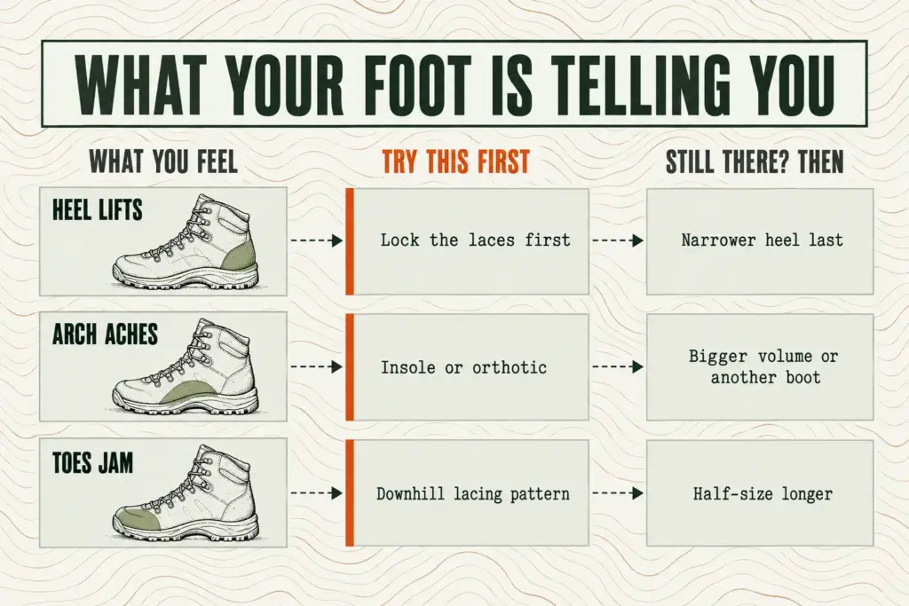 Decision chart showing three boot fit symptoms, heel lift, arch ache and toe jam, each with a first fix and a last-resort fix