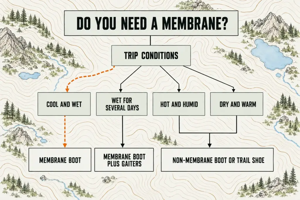 Decision tree: four trip conditions lead to a membrane boot, a trail shoe, or a membrane boot with gaiters