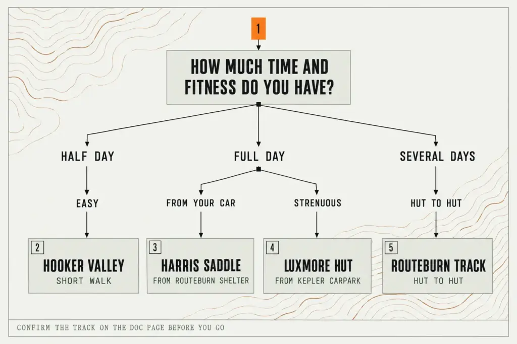 Decision tree matching New Zealand hikes to your time and fitness: half day, car-access full day, strenuous day, huts