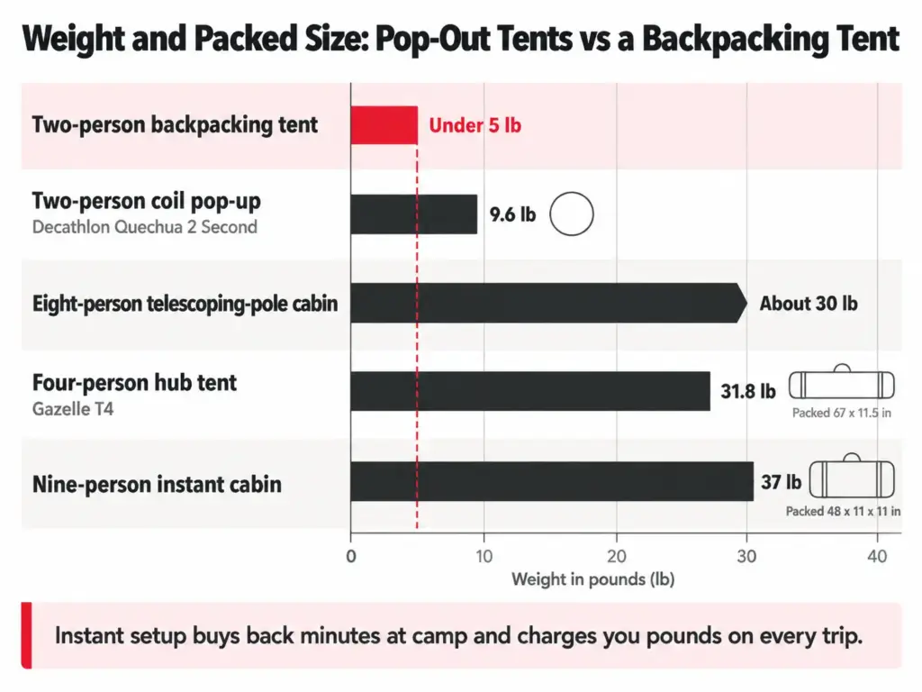 Bar chart comparing pop-up and instant cabin tent weights and packed sizes against a sub-5-pound backpacking tent