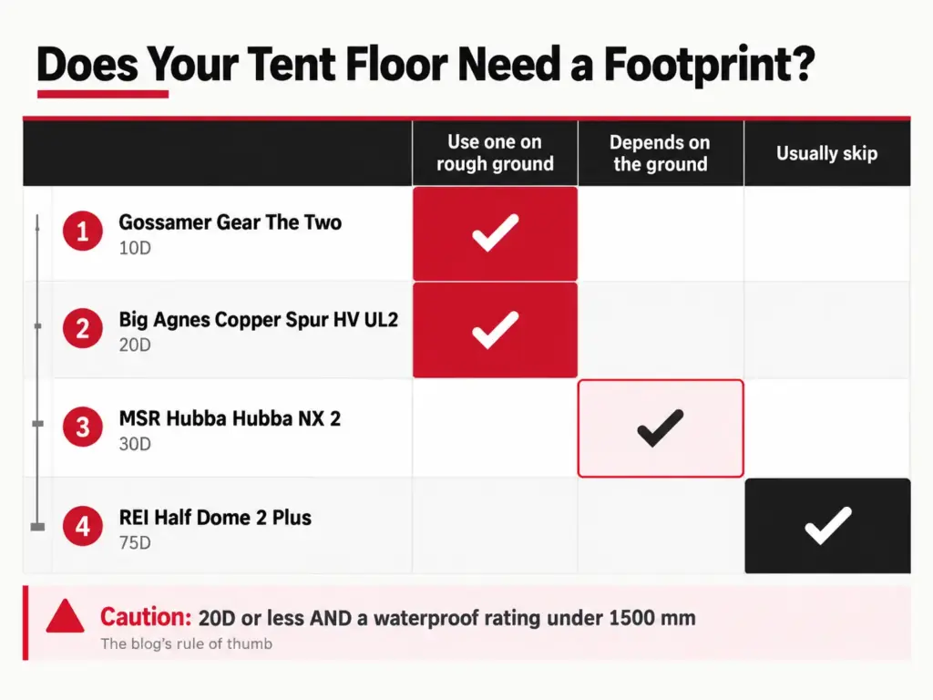 Chart of four tent floors from 10D to 75D showing when to use a footprint, with a 1500 mm waterproof caution line