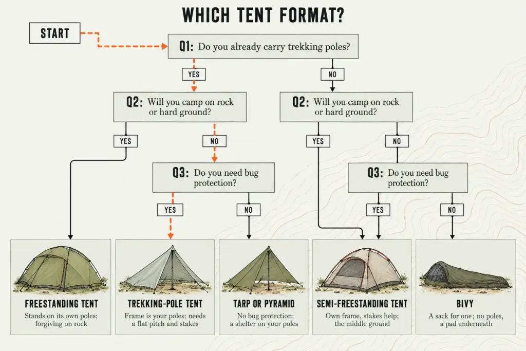 Decision tree for choosing an ultralight tent format from trekking poles, rock ground and bug protection