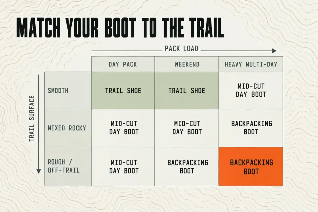 Grid chart matching trail surface and pack load to the right boot class per cell: trail shoe, mid-cut boot, backpacking boot