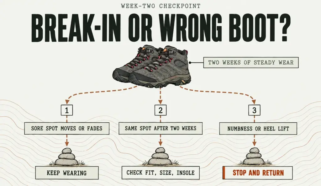 Decision chart for the week-two boot check: moving sore spot keeps wearing, same spot checks fit, numbness means return