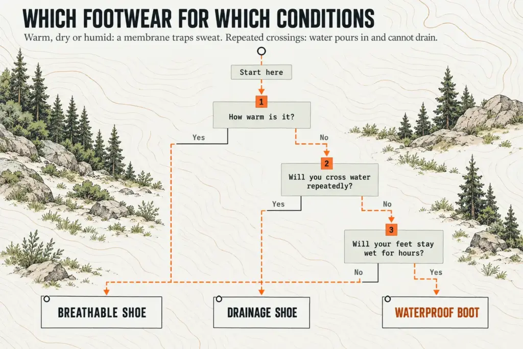 Decision chart on map paper routing three trail questions to a waterproof boot, a breathable shoe or a drainage shoe