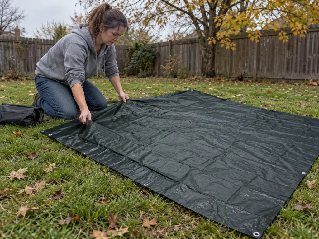 Woman unfolding a camping tarp across a backyard lawn to practice before she sets up a tarp shelter on trail