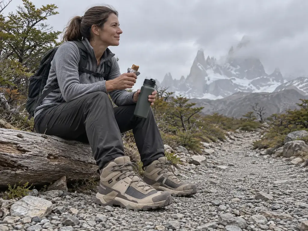 Woman resting on a log beside the gravel trail toward Laguna de los Tres near El Chaltén, boots dusty from the climb