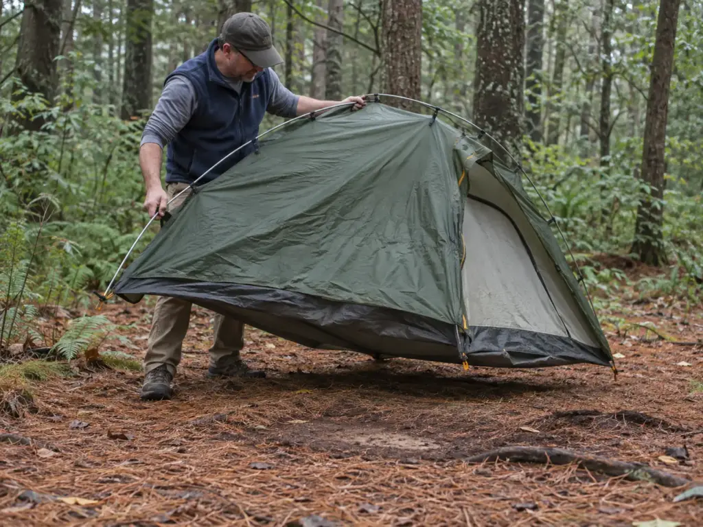 Hiker lifting a pitched freestanding tent by its frame to slide it a few feet across a forest campsite