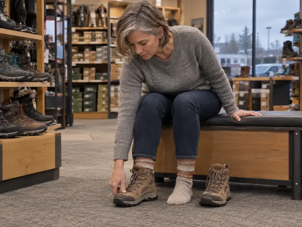 Woman on a shop fitting bench pressing her thumb on the toe of a hiking boot to check toe room