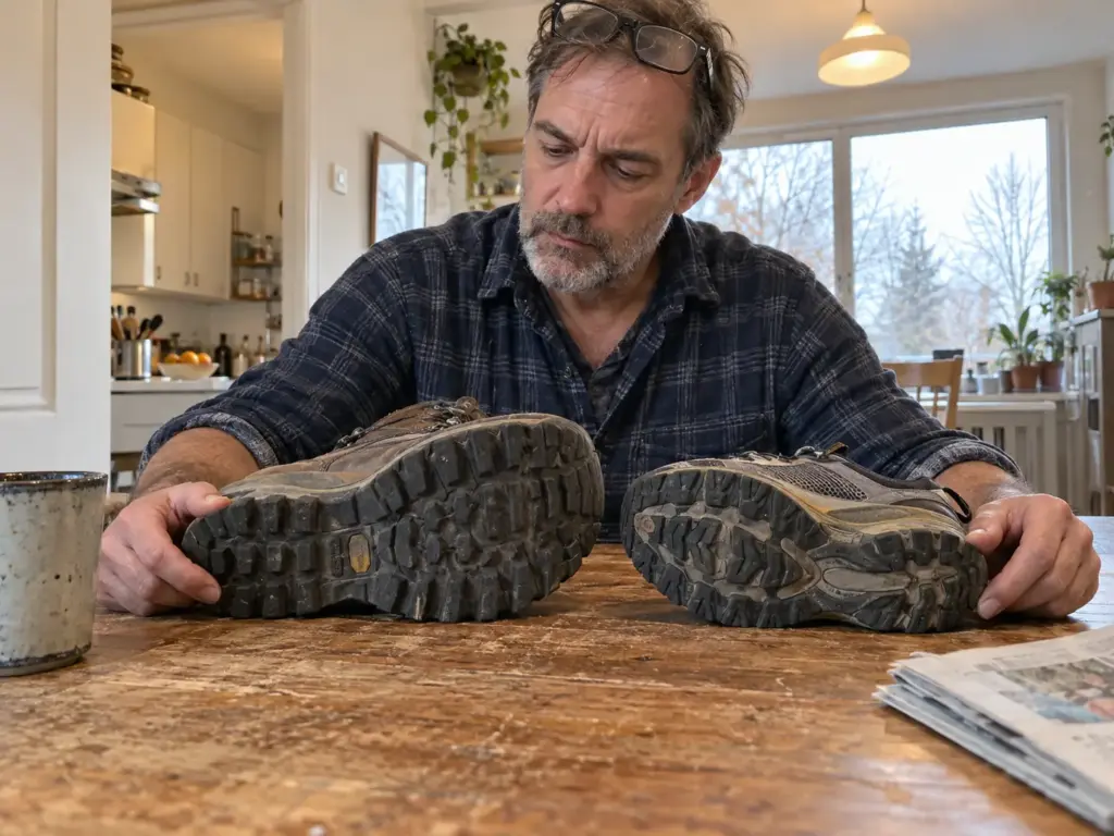 Man comparing the heel height of a hiking boot and a trail shoe at a kitchen table, checking drop for plantar fasciitis