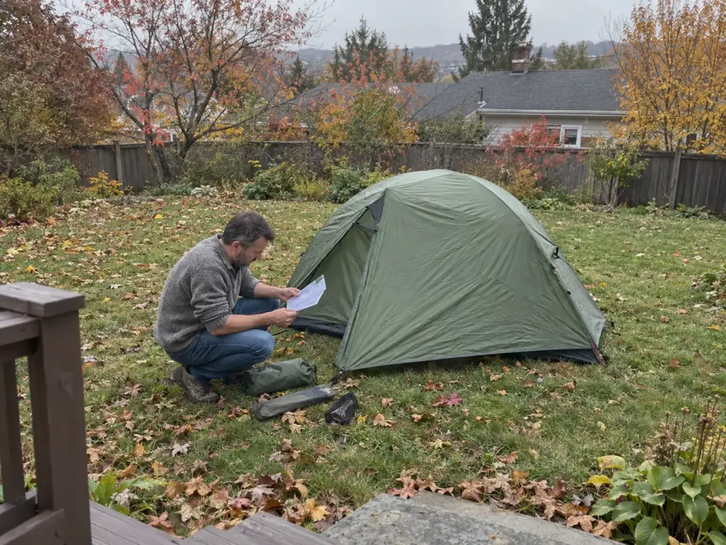 Man in his 40s reading the instruction sheet beside a backpacking tent pitched on a backyard lawn for a practice run
