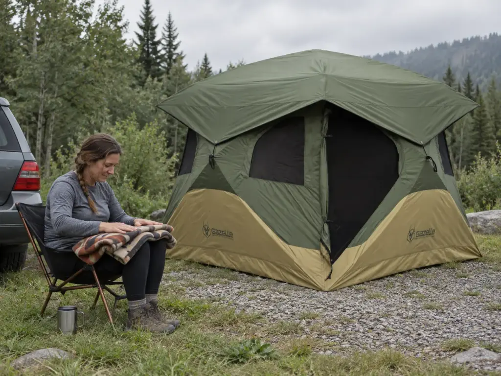 Woman in a camp chair beside a tall Gazelle T4 hub tent pitched at a gravel and grass campsite beside a parked car
