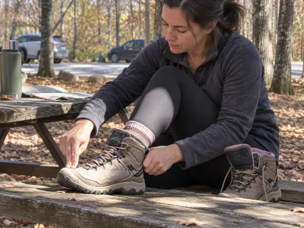 A woman at a trailhead picnic table presses over the toe cap of a KEEN Targhee IV Mid to check toe room