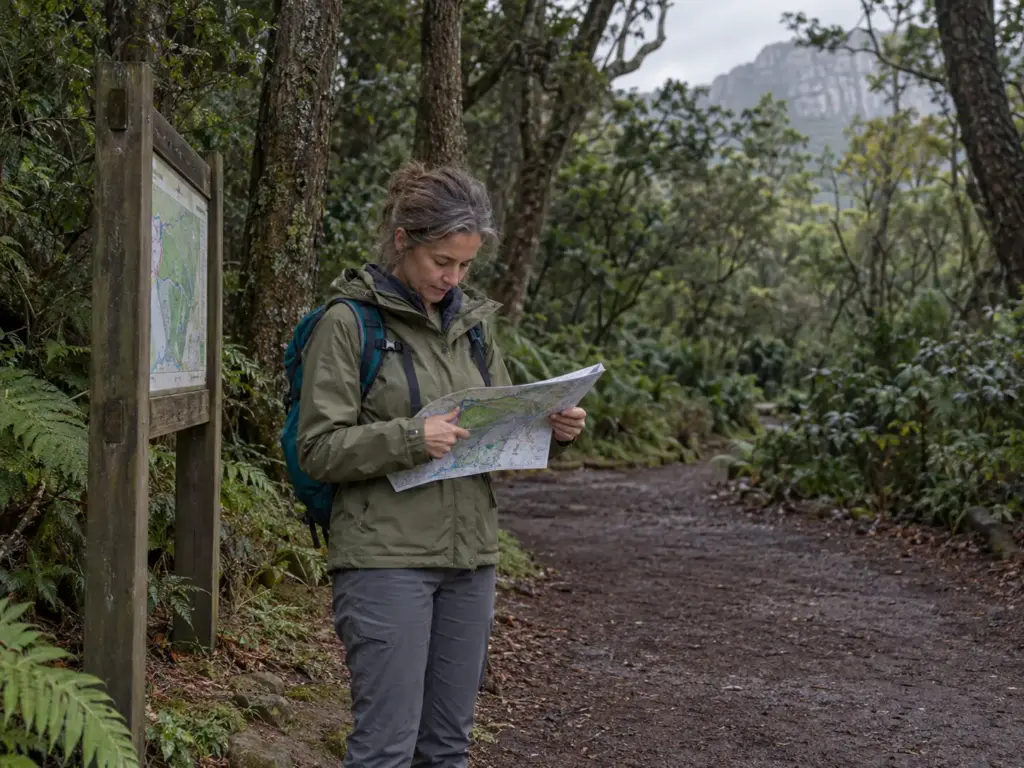 Woman reads a paper map beside a trail signboard in Kirstenbosch before starting the Skeleton Gorge route on Table Mountain