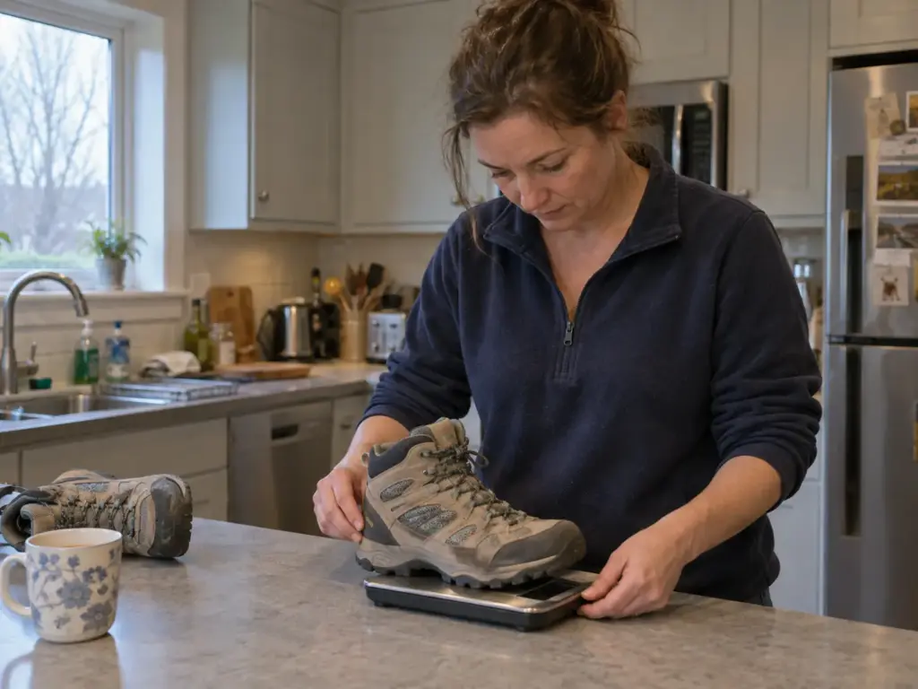 Woman weighing one lightweight hiking boot on a digital kitchen scale on her kitchen counter