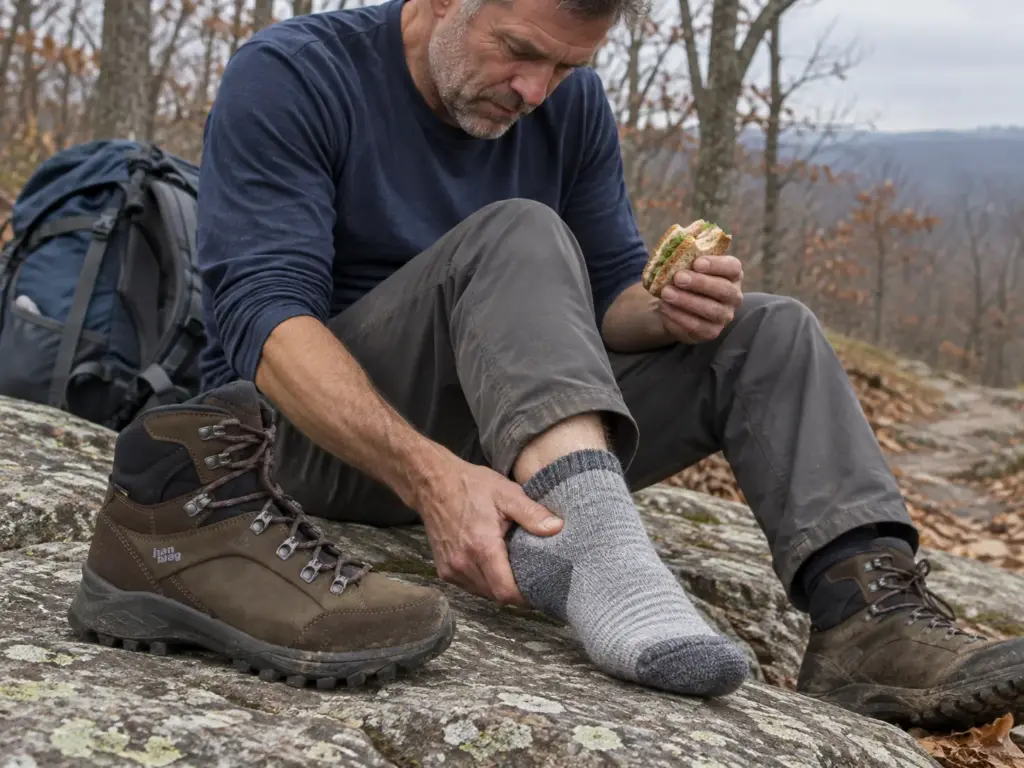 Hiker resting at a trail junction with a creased Hanwag Banks men's leather hiking boot standing on a rock beside him