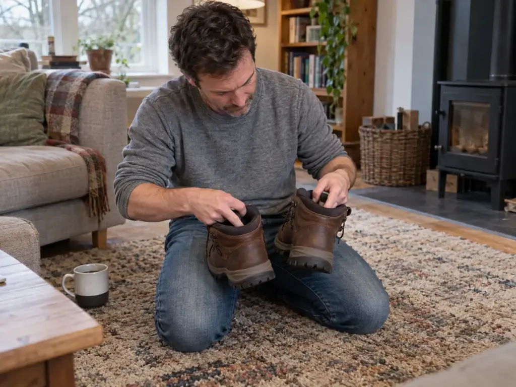 Man kneeling on a rug feeling the heel cups of a men's and a women's hiking boot to compare their width