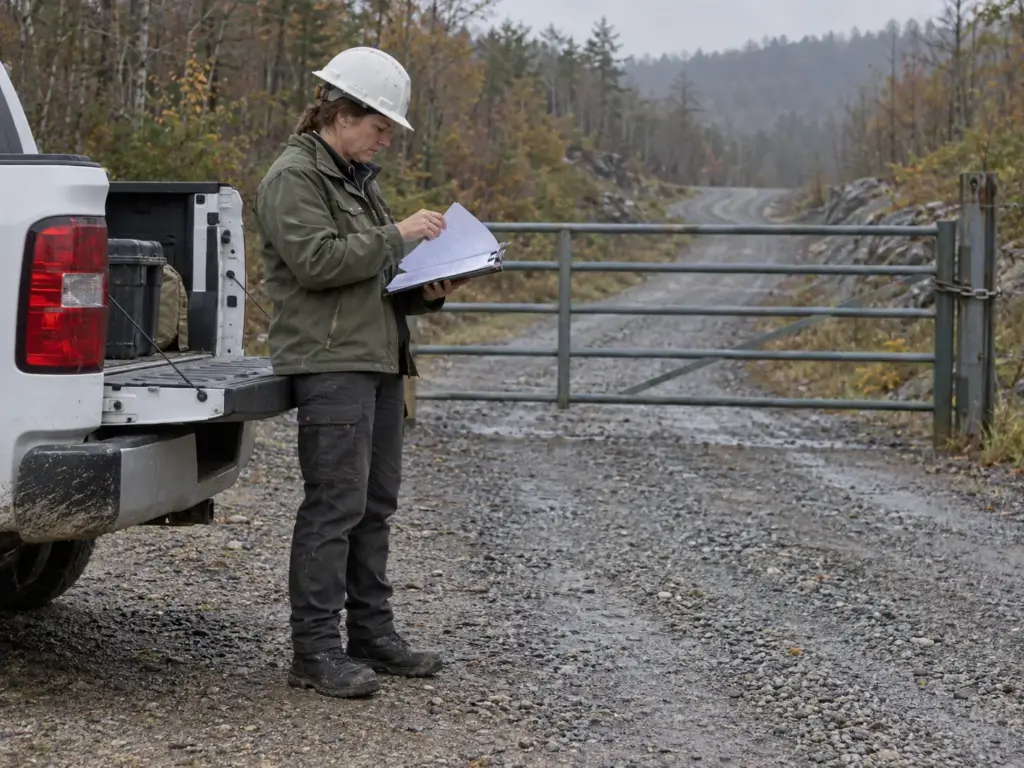 Woman in a hard hat reading site paperwork beside a pickup at a trail-access gate, wearing steel-toe hiking boots