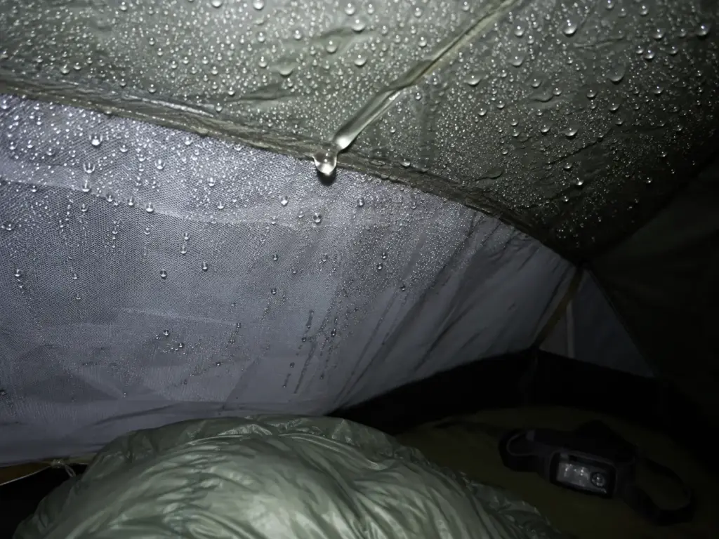 Beads of tent condensation on the inside of a rainfly at night, lit by a phone flash from inside the tent