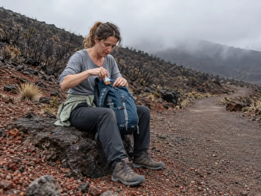 Hiker resting on a volcanic rock beside the track in Tongariro National Park with burnt scrub behind her