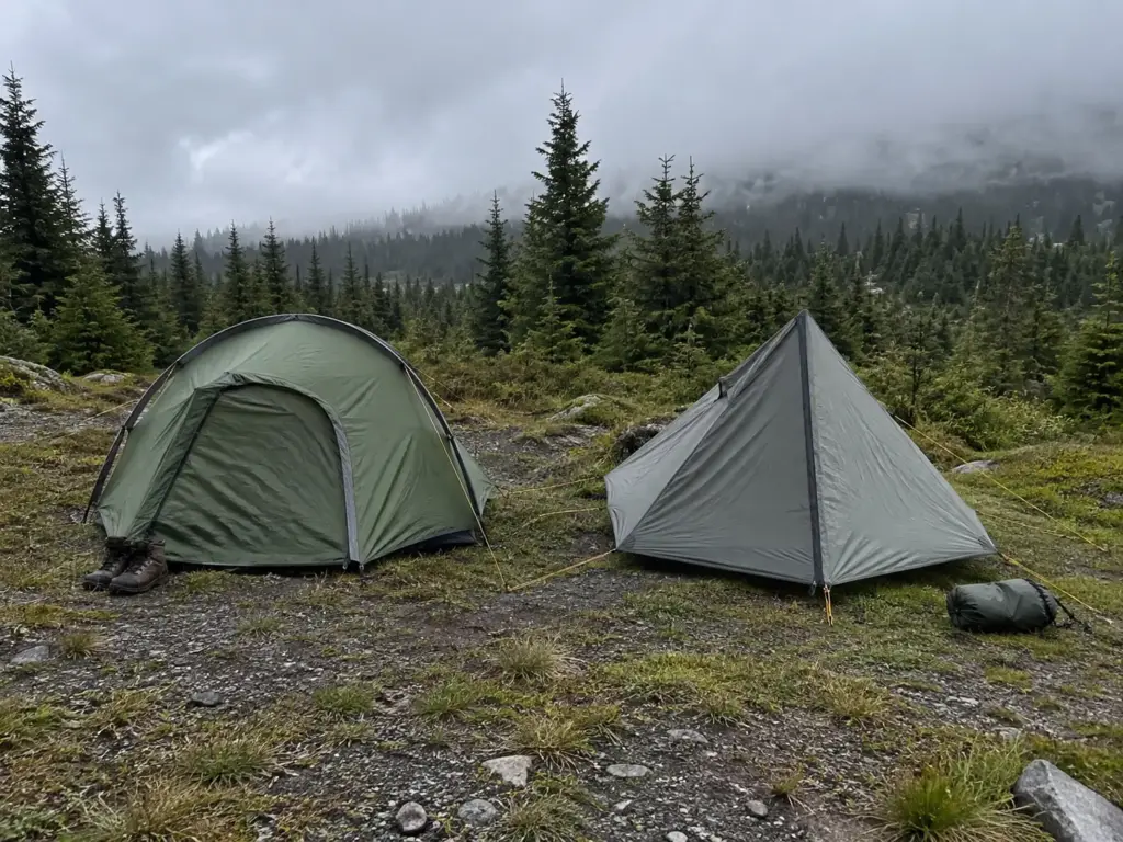 A freestanding dome tent and a trekking-pole ultralight shelter pitched side by side on a campsite to compare how they stand