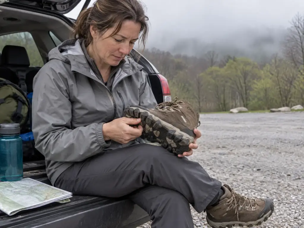 Woman at a trailhead sitting on a hatchback tailgate with an Oboz Bridger boot upside down in her lap, studying the sole