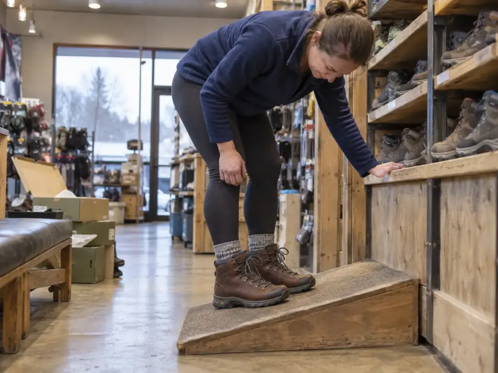 Woman in an outdoor shop leaning forward on a fitting ramp in leather hiking boots, checking how her toes sit