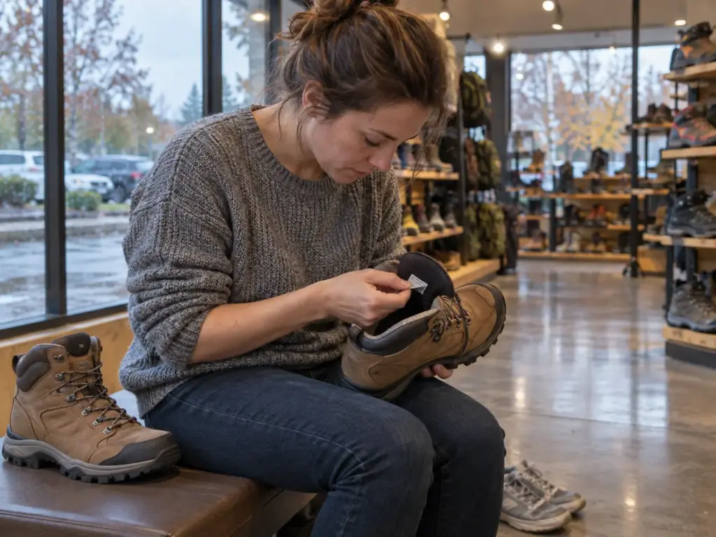 Woman in an outdoor shop reading the tag stitched inside a women's water-resistant hiking boot