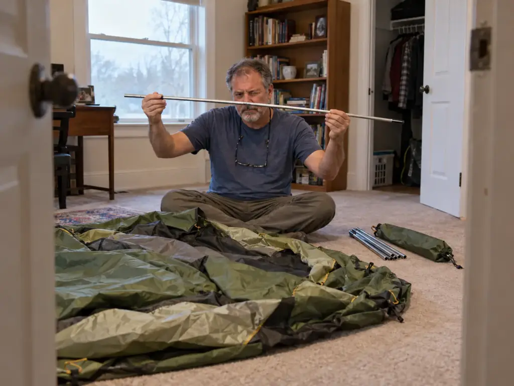 Man in his 50s sitting on a spare-room floor checking a tent pole section beside an unpitched backpacking tent before a trip