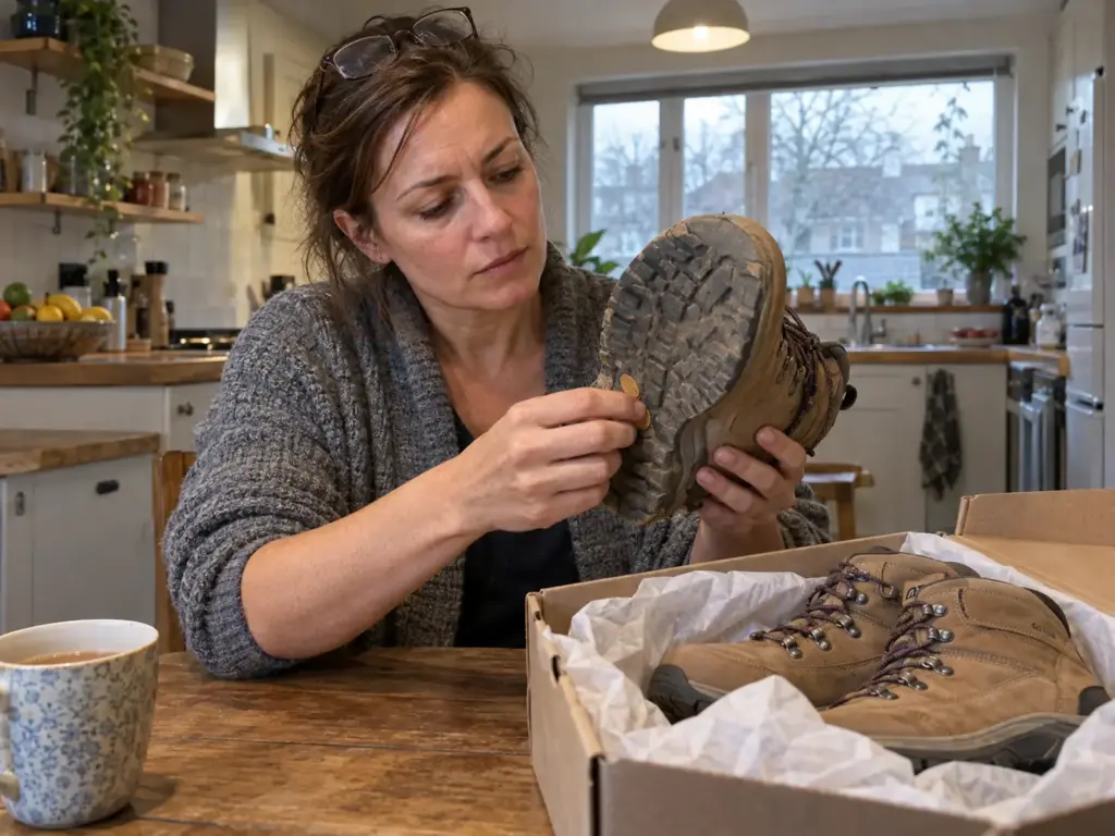 Woman at a kitchen table inspecting the worn lugs on a hiking boot sole next to a new boot box to weigh the cost per mile