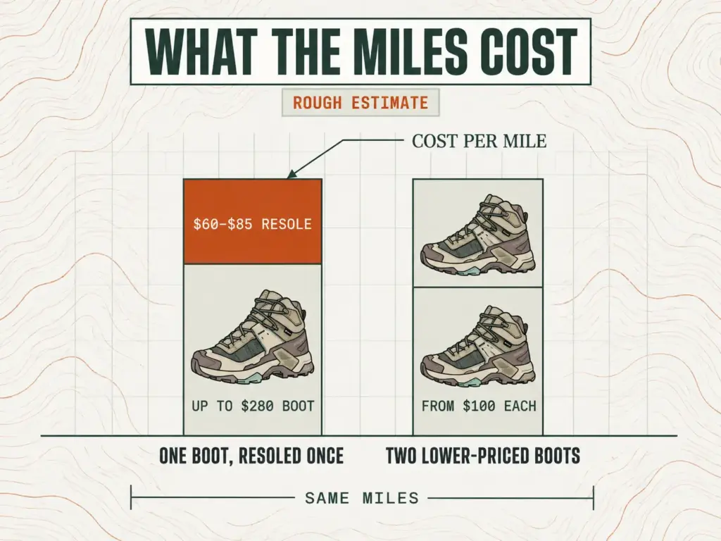 Two-bar cost-per-mile chart comparing one resoled higher-priced boot with two lower-priced boots over the same miles