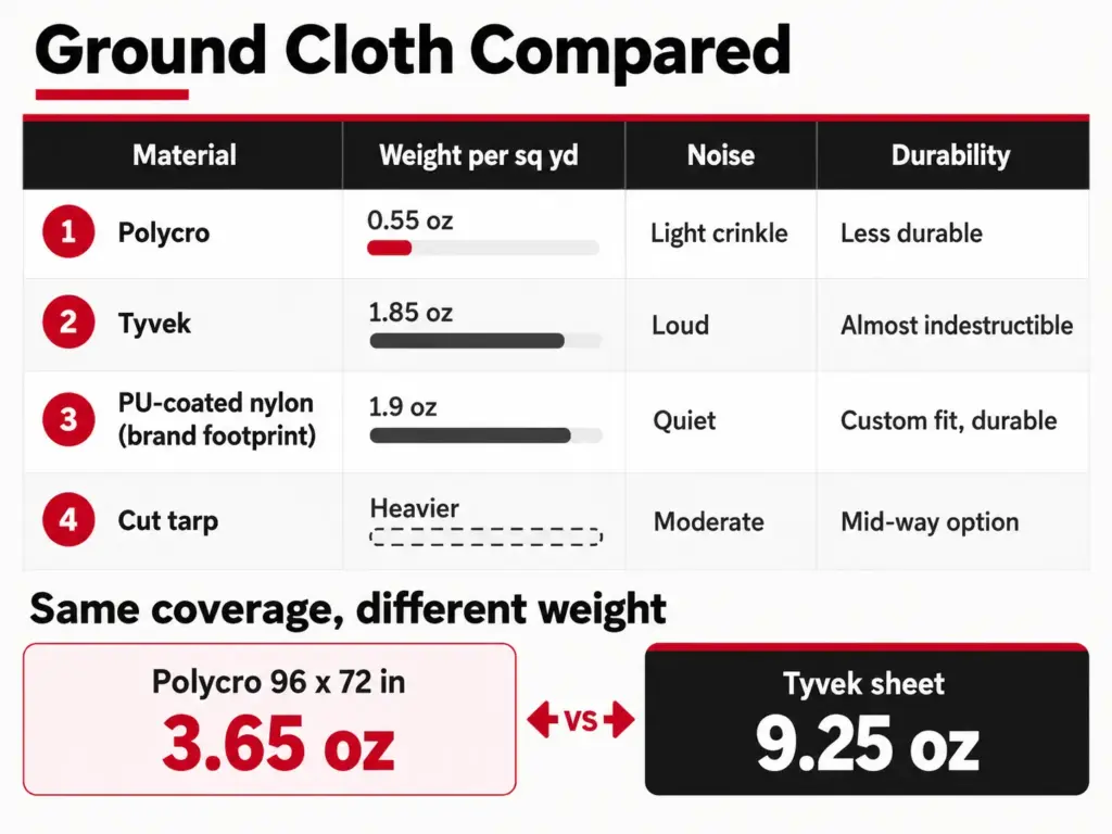 Comparison chart of polycro, Tyvek, PU-coated nylon and a cut tarp by weight per square yard, noise and durability