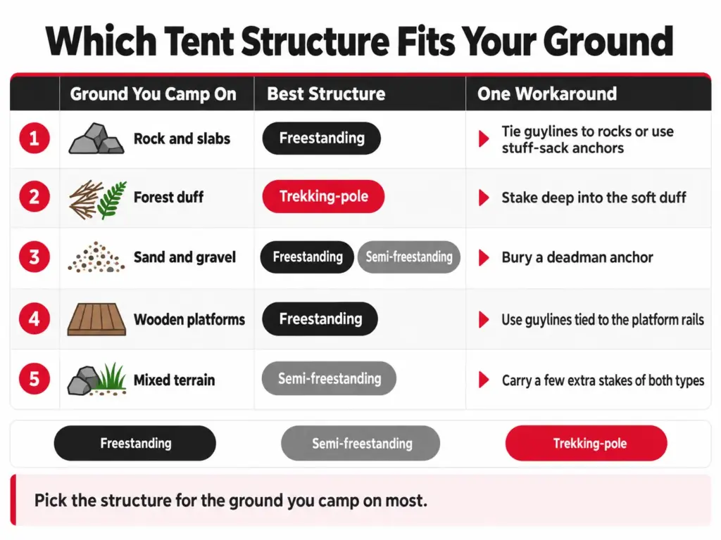 Decision chart matching rock, forest duff, sand, wooden platforms and mixed terrain to the best tent structure and a workaround