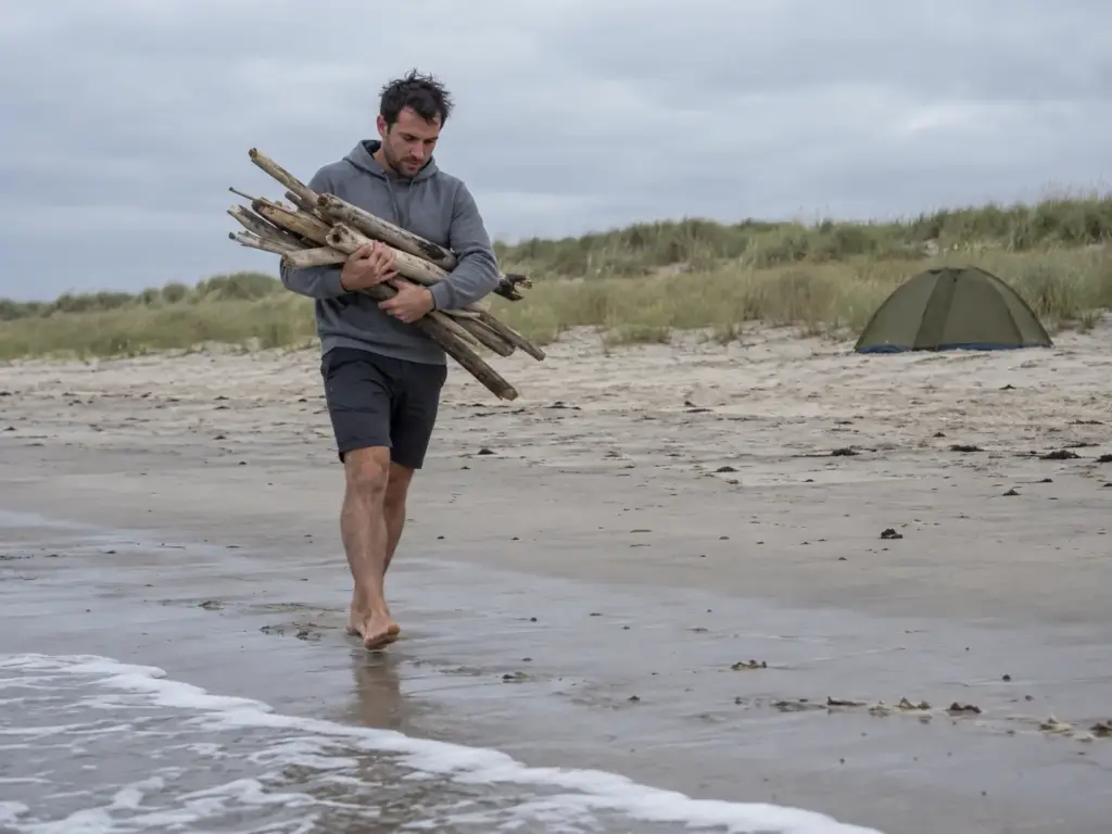 Man in his 30s carrying an armful of driftwood sticks up a sandy beach toward a pitched tent at a coastal campsite