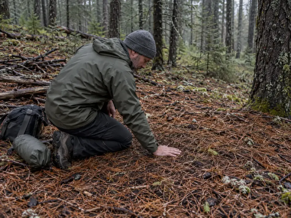 Hiker kneeling to press a hand against flat ground under conifers before setting up a tarp shelter