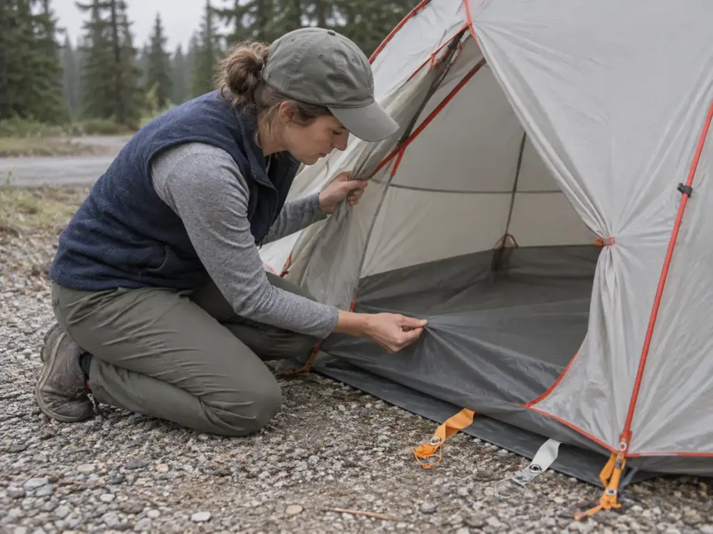 Woman pinching the thin floor fabric of a pitched tent at the door, a Big Agnes Copper Spur UL footprint under its edge