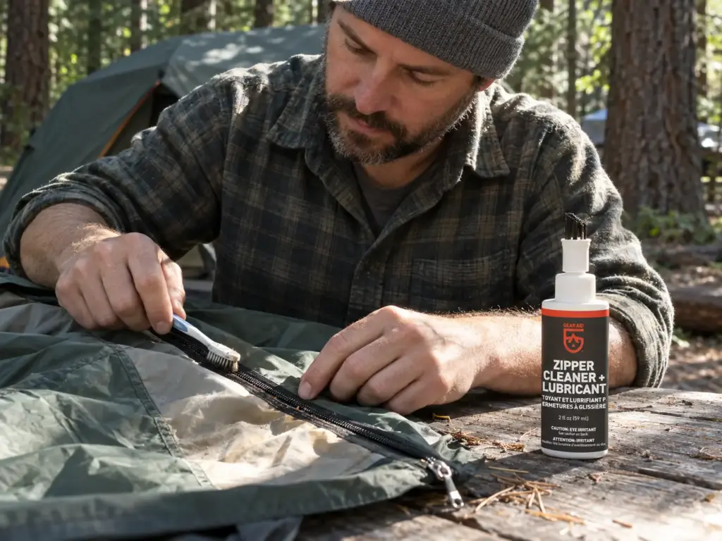 Camper brushing grit out of a tent zipper at a camp table with a bottle of zipper cleaner and lubricant beside him