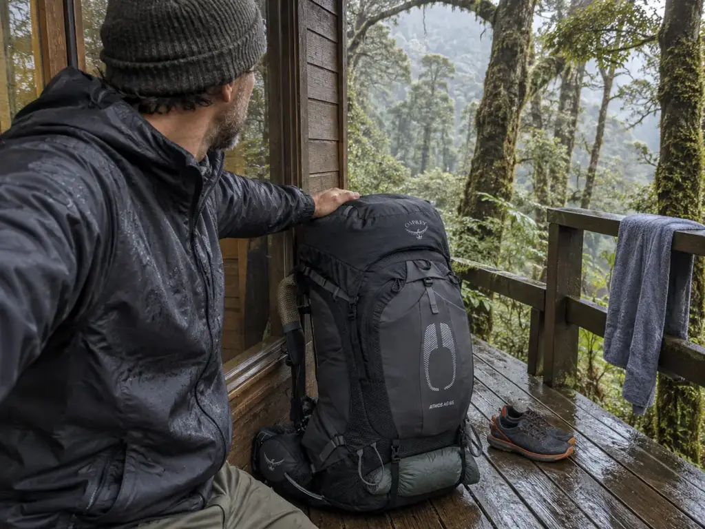 Osprey Atmos AG 65 pack leaning on a hut porch wall in the beech forest of Fiordland National Park, New Zealand