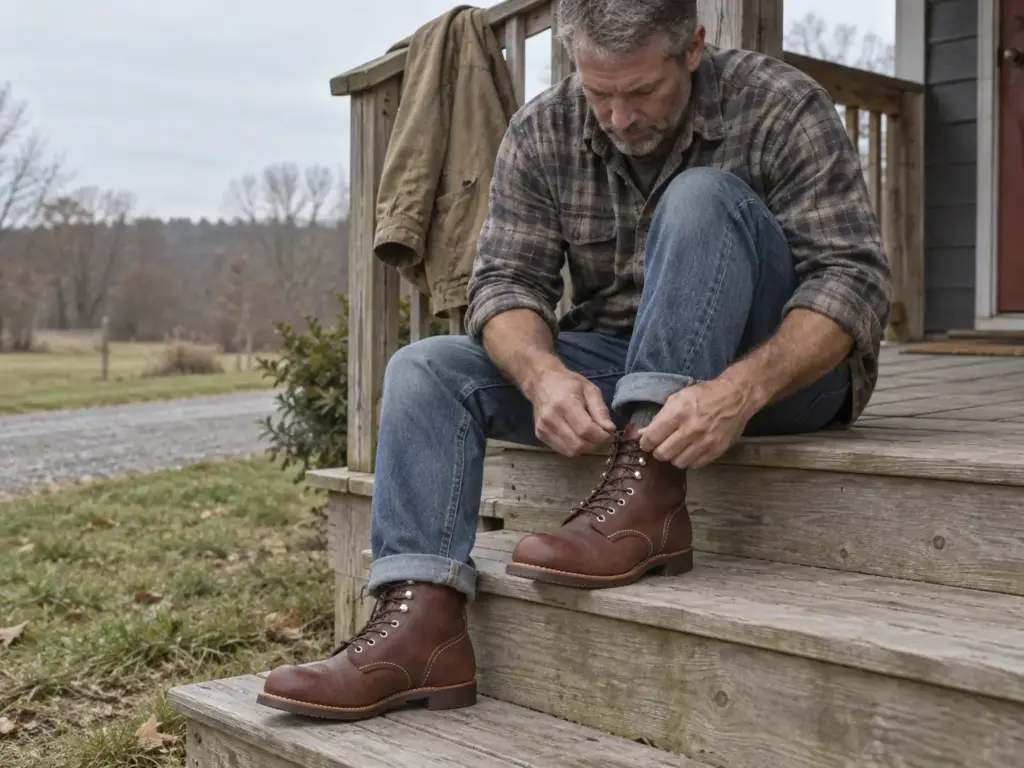 Man lacing a Red Wing Iron Ranger Goodyear welt boot on a porch step on an overcast morning