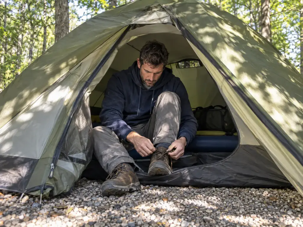 Tall man sitting in the doorway of a pitched dome tent lacing a boot with his head close to the ceiling fabric