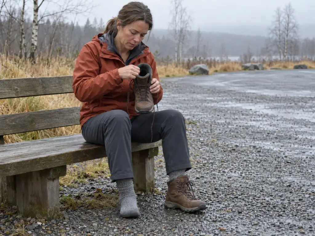 Woman on a trailhead bench holding a leather hiking boot and looking at the inside of its heel cup