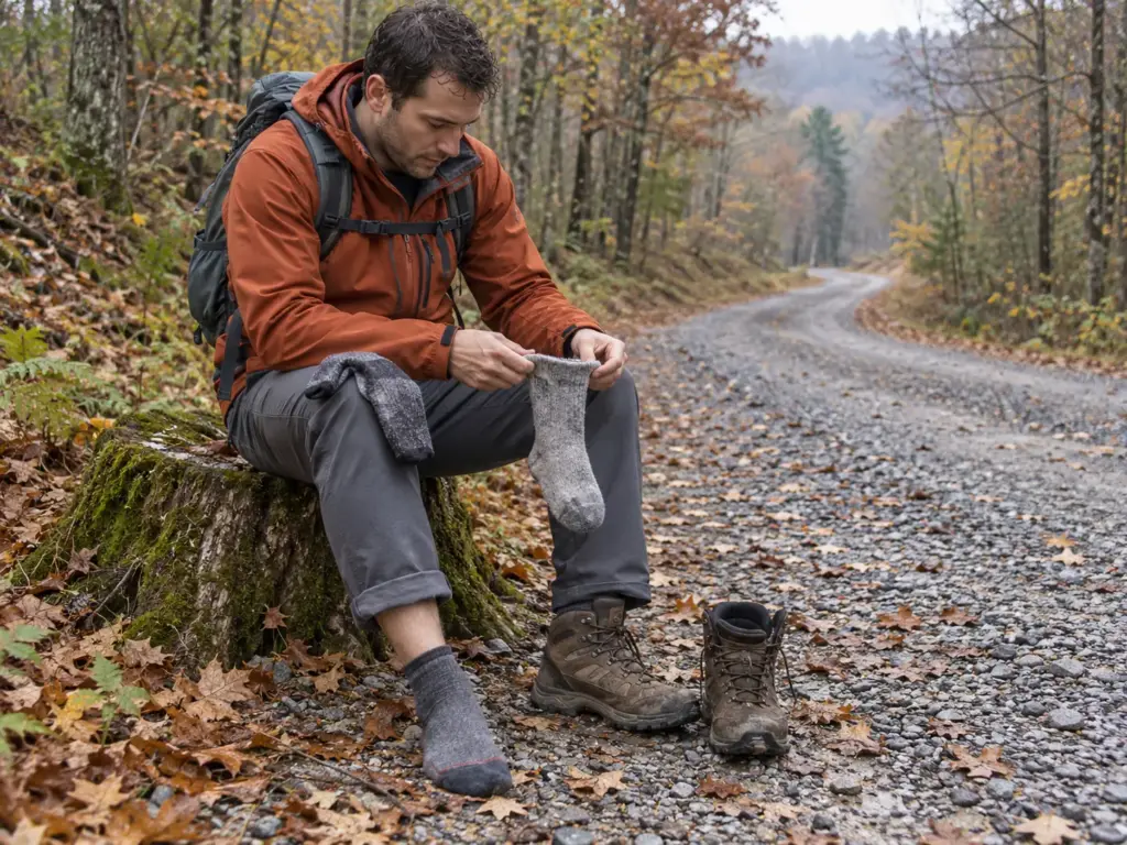 A hiker sits on a mossy stump on a forest road after a long descent and swaps in a fresh dry sock